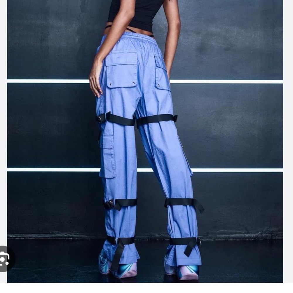 DOLLS KILL POSTER GIRL PURPLE & BLACK STRAP CARGO PANTS SOLD OUT ONLINE